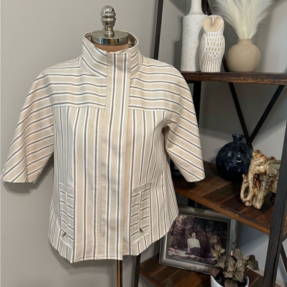 Pearl by Lela Rose Denim Stripe Jacket Womens MED Beige White 3/4 Sleeve